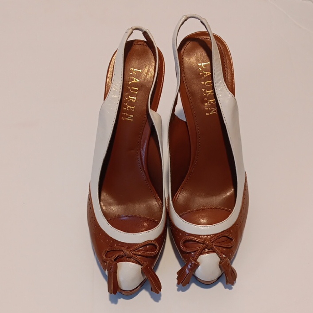 Lauren Ralph Lauren Tan and White Slingback Oxford Style Heels Size 7